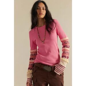 Free People Long-Sleeve Thermal Top Printed Cuffs Pink XS